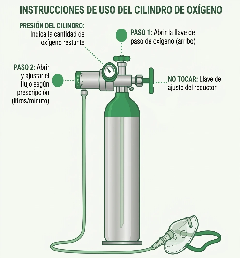 Instrucciones de uso del cilindro de oxígeno: paso 1 abrir la llave de paso, paso 2 ajustar el flujo según prescripción, el manómetro indica la presión restante, y no tocar la llave de ajuste del reductor
