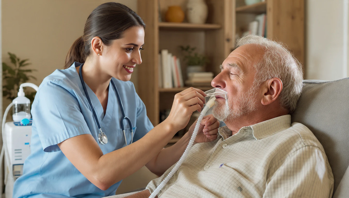 Profesional asistiendo a un paciente con oxigenoterapia domiciliaria